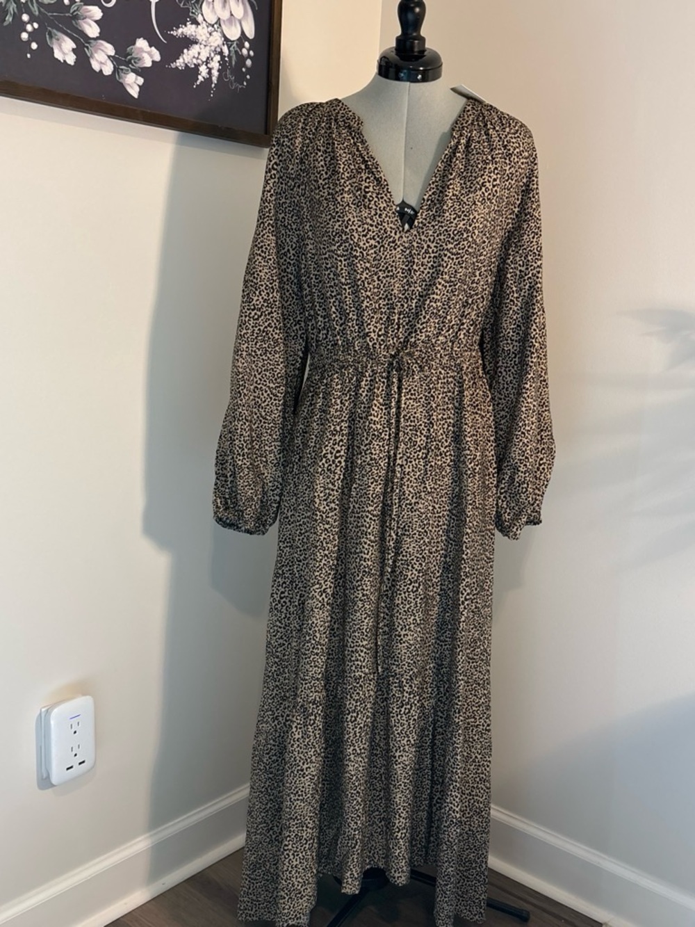 NWT A New Day Leopard Print Maxi Dress Long Sleeve Tiered‎ Brown Black 0222